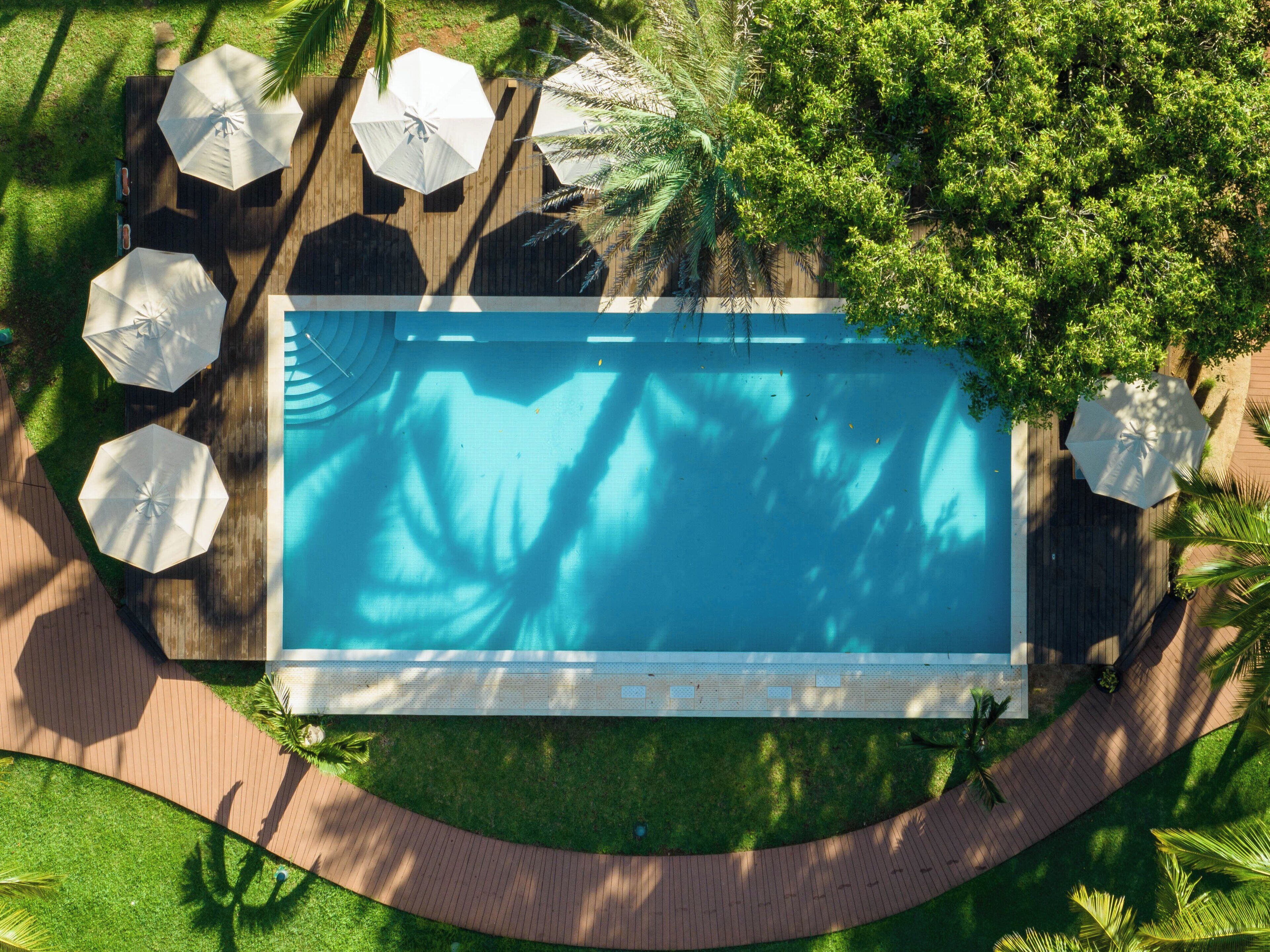 An aerial view of a swimming pool surrounded by wooden deck and palm trees.
