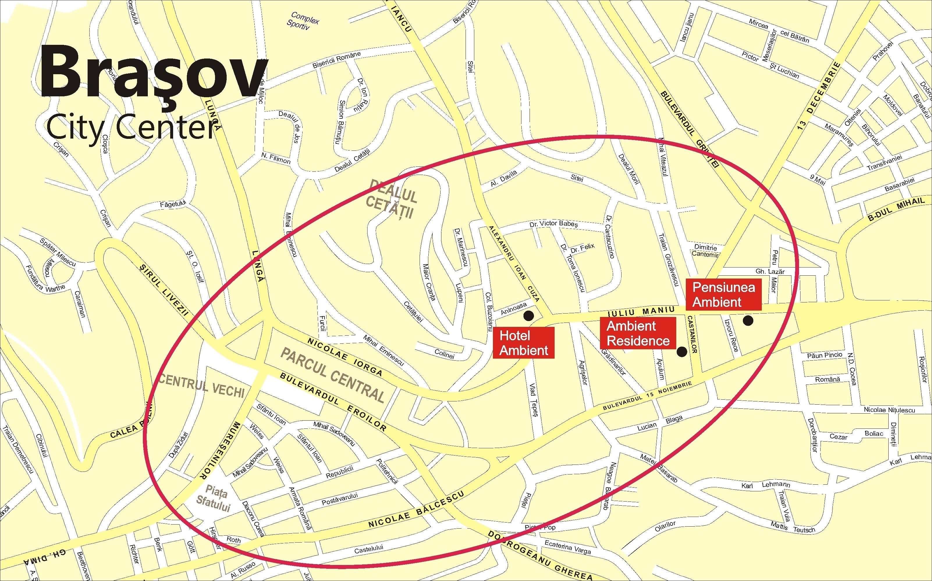 A map of Braşov city center highlighting the Hotel and Ambien areas.