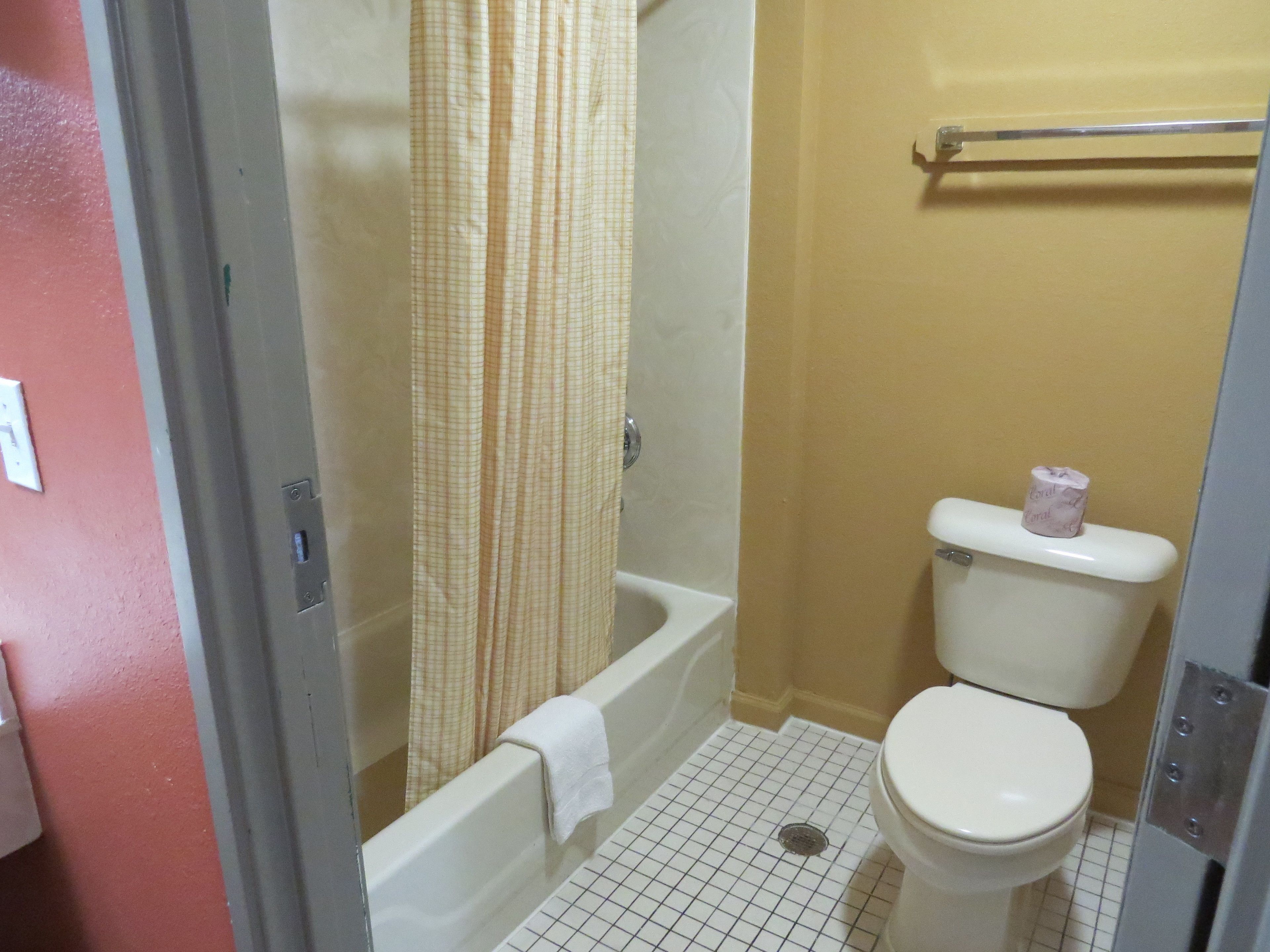 A bathroom with a bathtub, toilet, and a shower curtain.