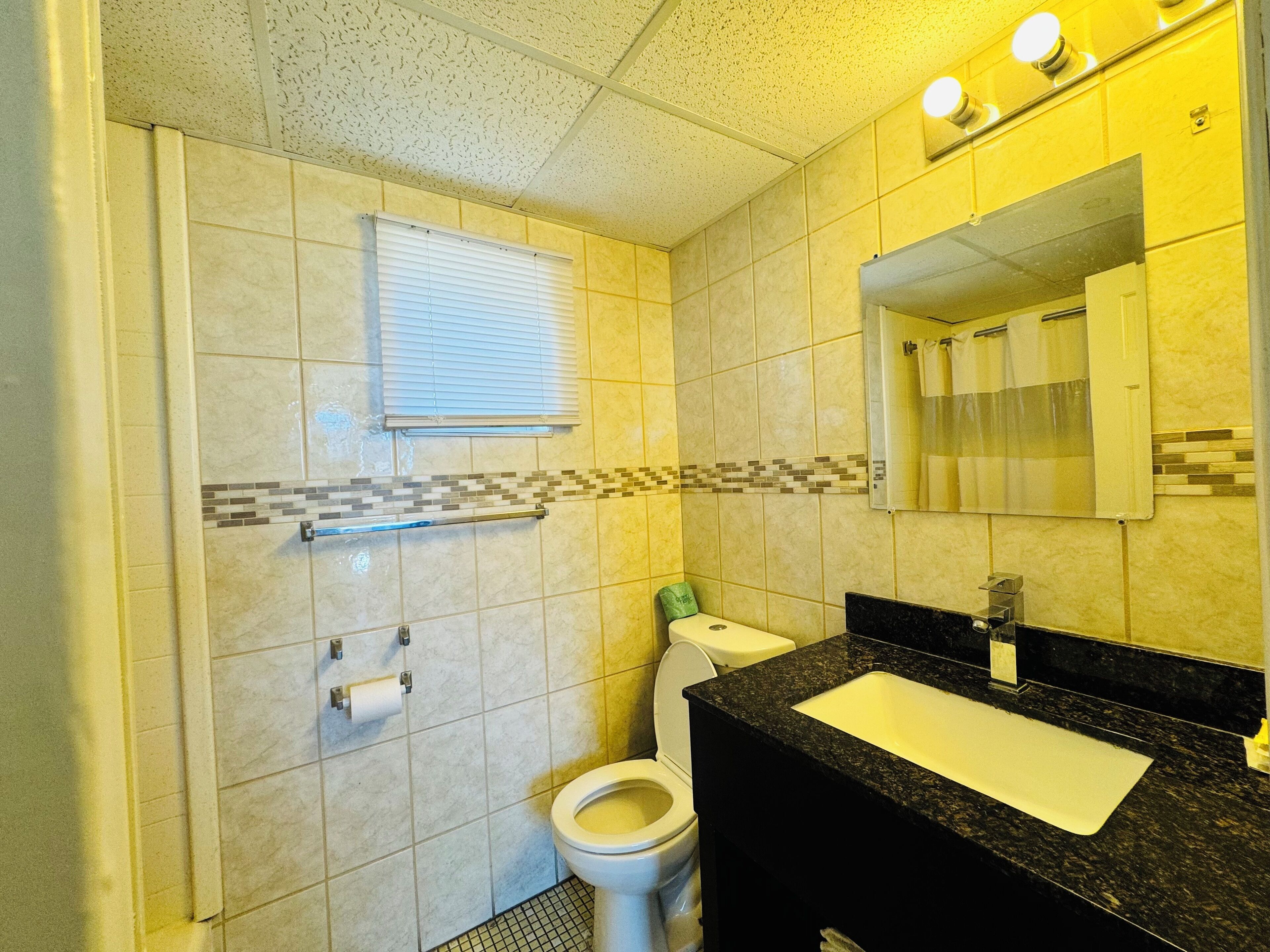 Un baño con inodoro, lavamanos y espejo.