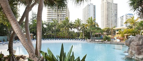 Indoor pool, outdoor pool, pool loungers