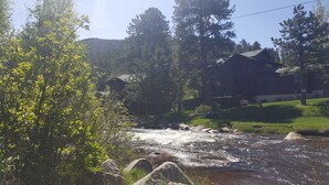 Un río serpentea por una zona boscosa, con una casa al fondo.
