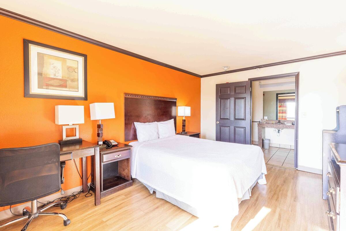 Una habitación de hotel con cama, escritorio, silla y un cuadro en la pared.
