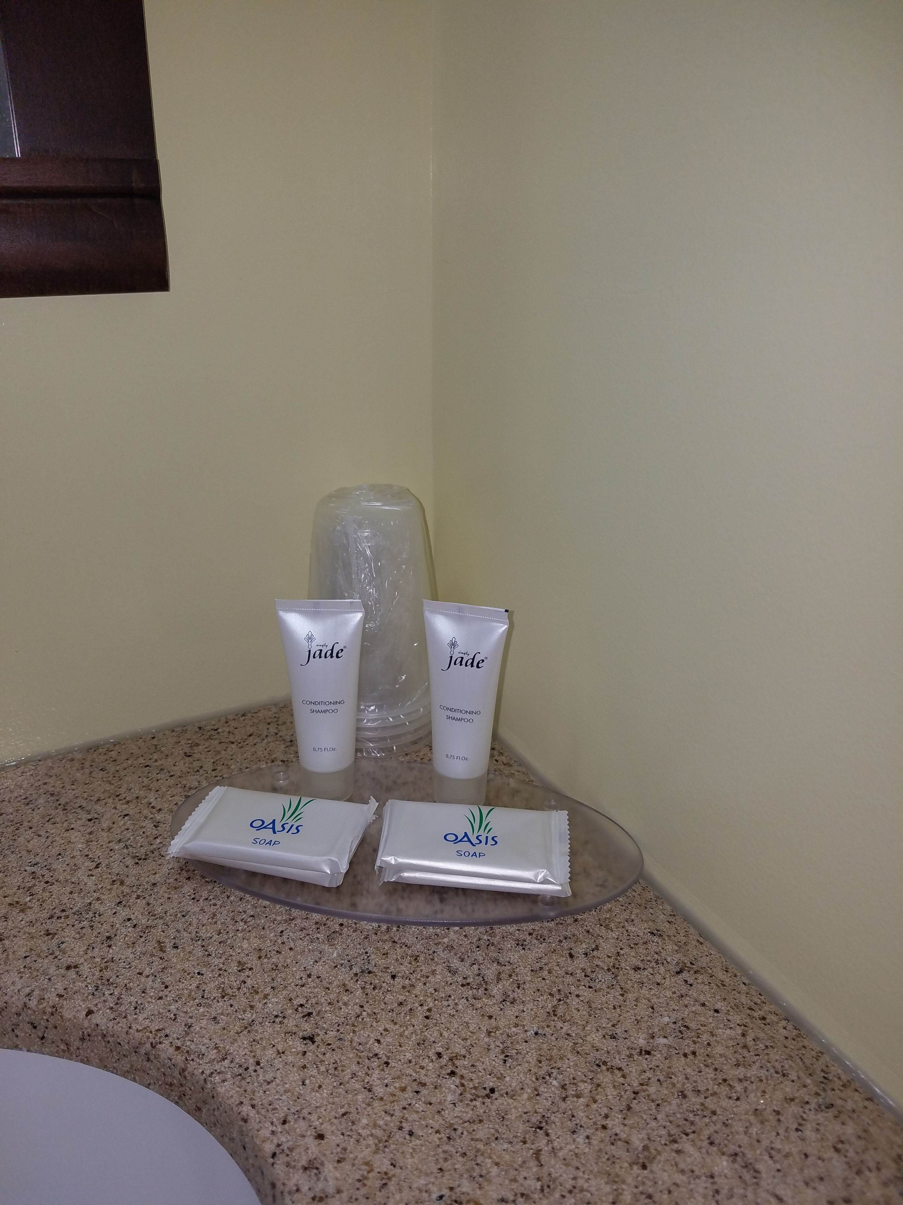 A bathroom counter with toiletries including two bottles of jade conditioning shampoo, a bottle of jade conditioner, and two packets of Oasis soap.