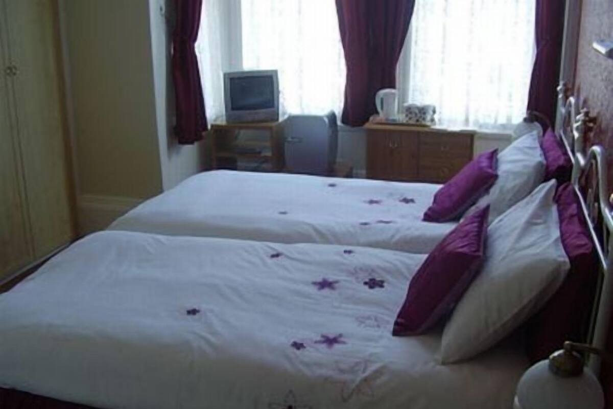 A hotel room with two beds, each with white bedding and purple accents, a small television on a wooden stand, and a window with curtains.