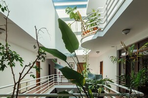 Un atrio de varios niveles con una escalera central, rodeado de plantas de interior y un techo de cristal.
