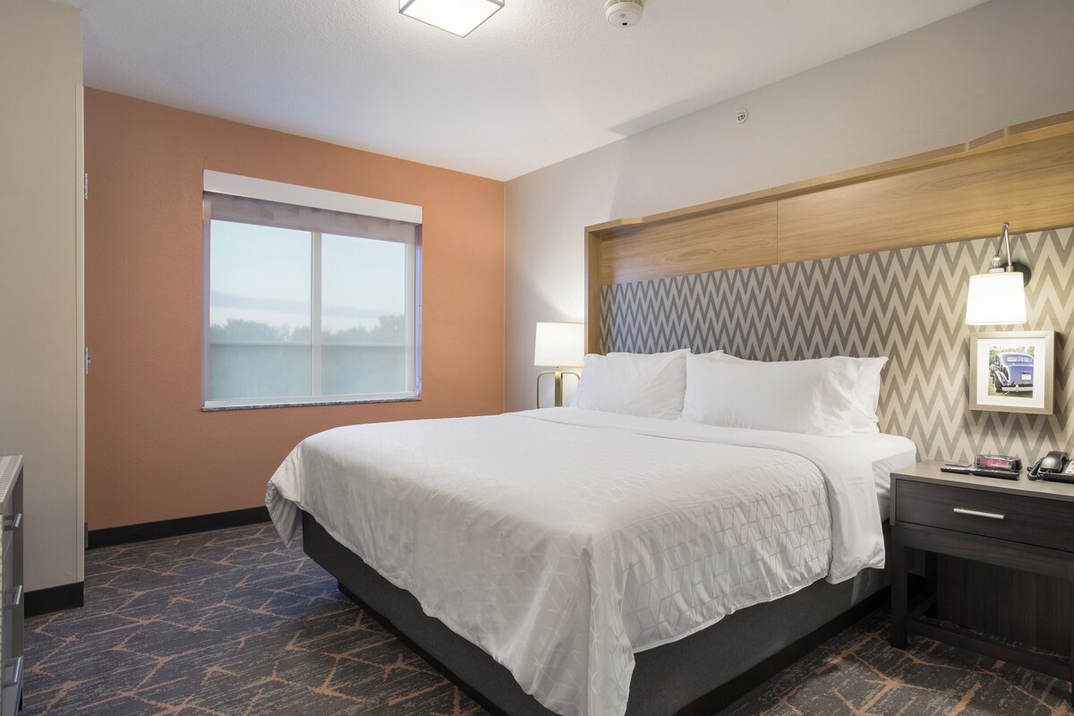 A hotel room with a bed, a nightstand, a lamp, a window with a view, and a wall-mounted picture.