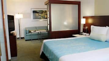 Une chambre d’hôtel avec un grand lit, un canapé, une télévision et une table de chevet.