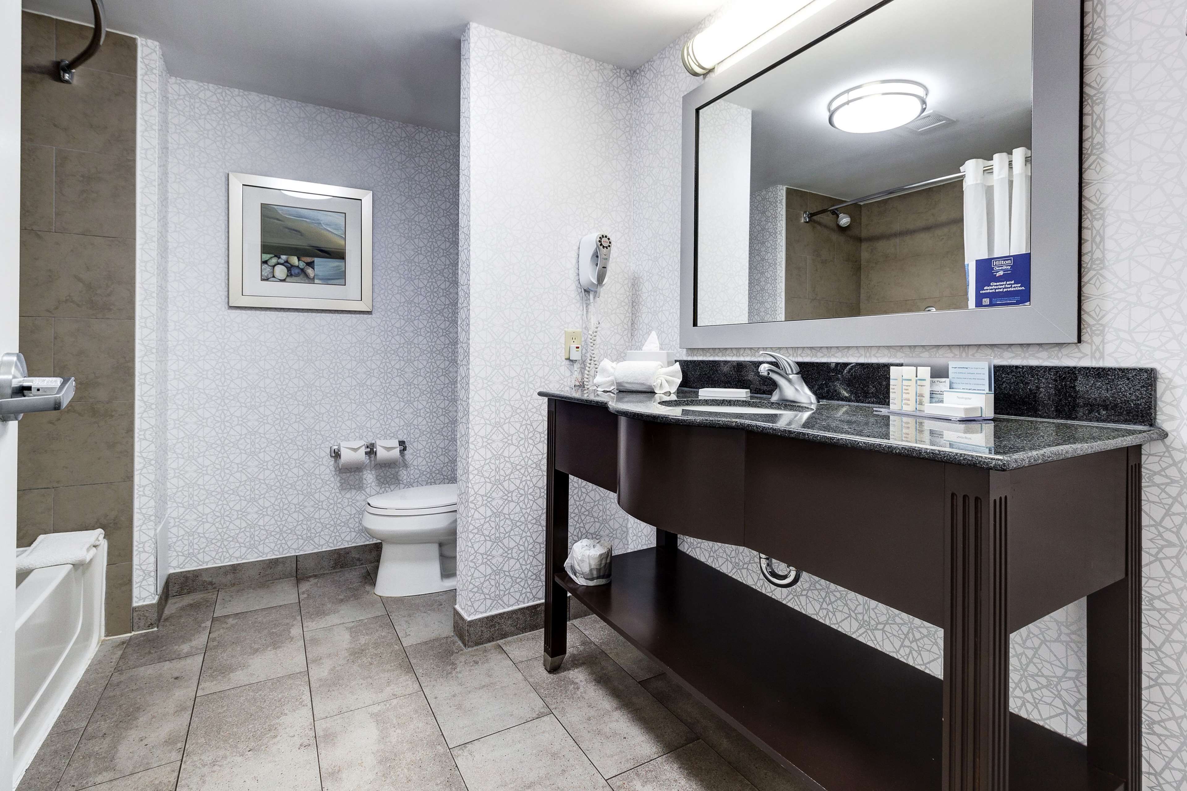 A modern bathroom with a dark vanity, a toilet, a shower, and a framed picture on the wall.