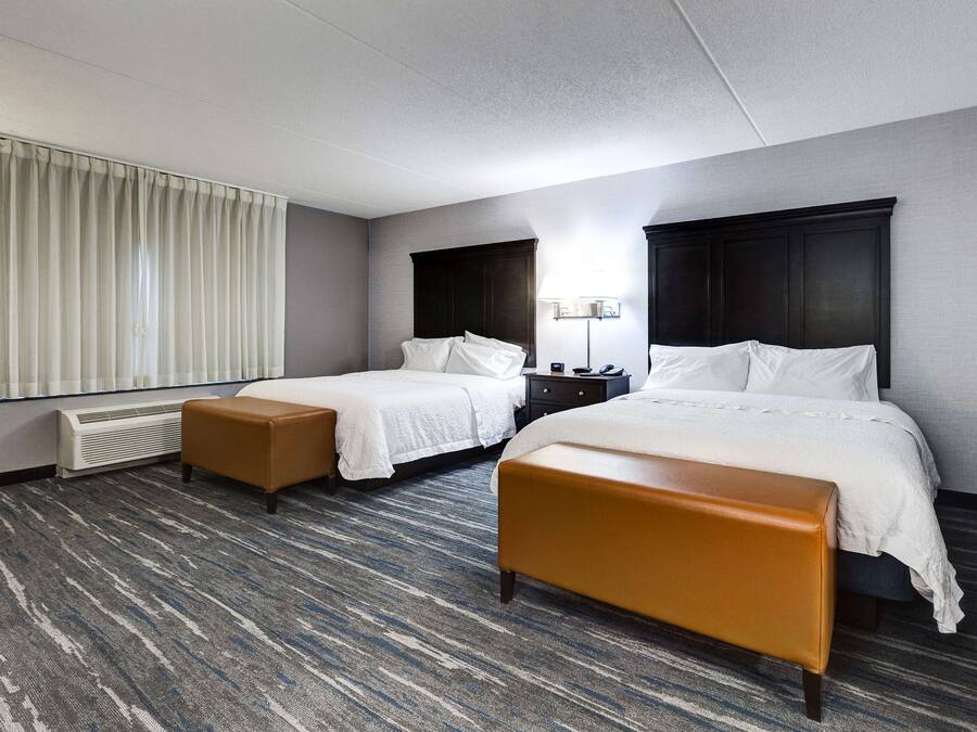 A hotel room with two beds, a large window with curtains, a standing heater, and a carpeted floor.