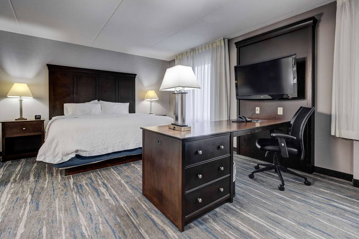 A hotel room with a bed, desk, chair, TV, lamps, and a carpeted floor.