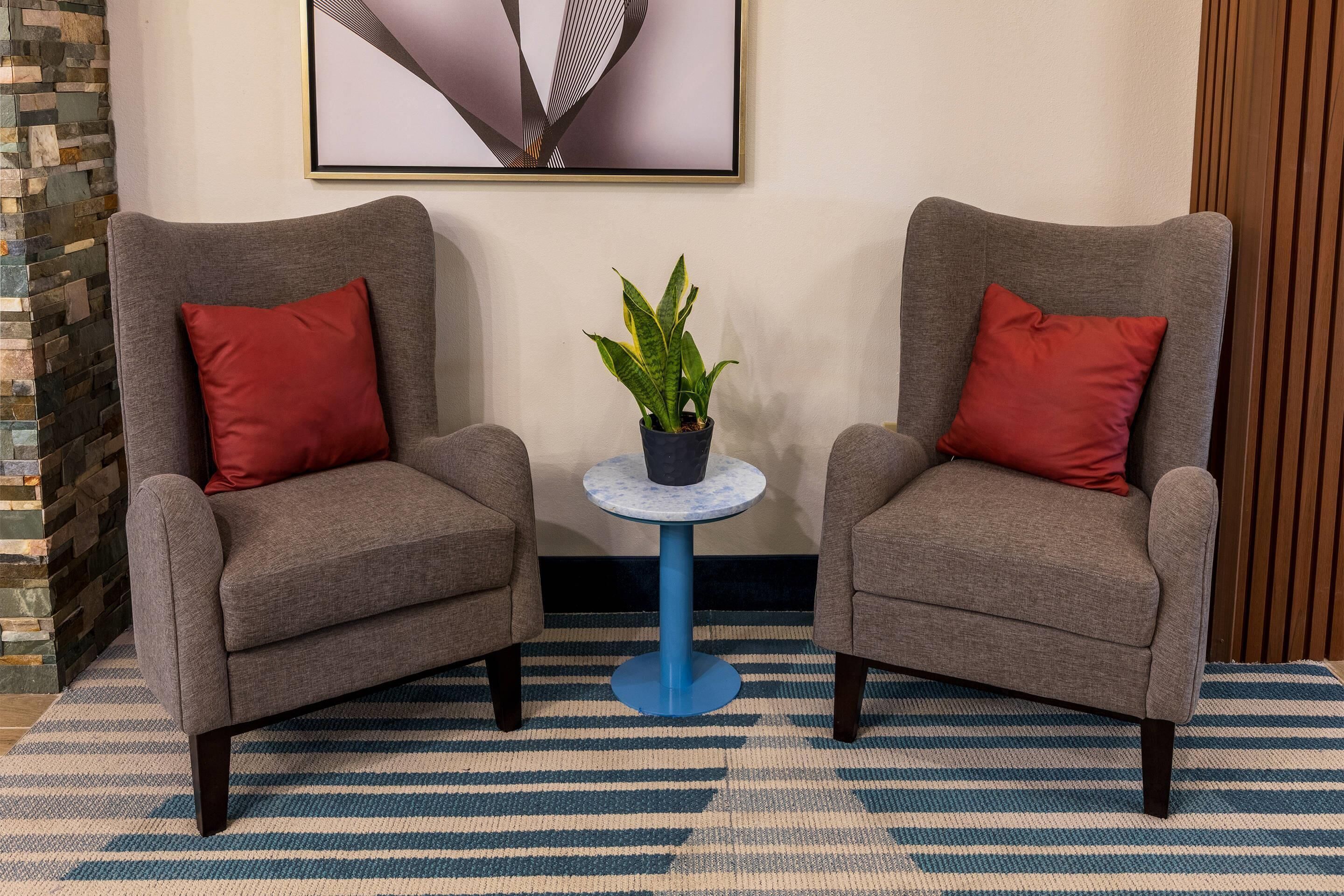 Dos sillones grises con cojines rojos, una mesita redonda de base azul y una planta en maceta.