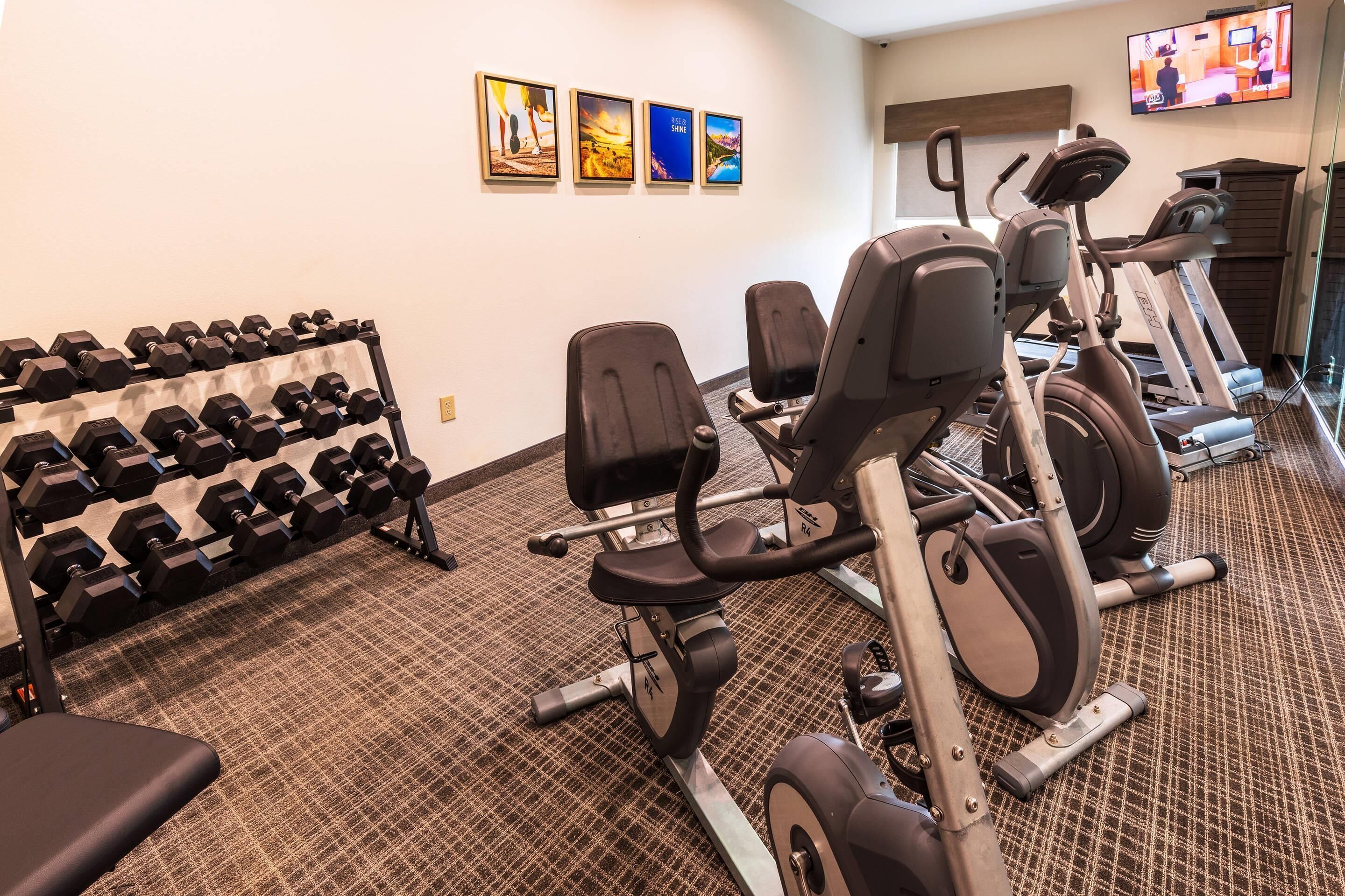 Une salle de sport équipée de matériel d’exercice, d’haltères et d’un téléviseur.
