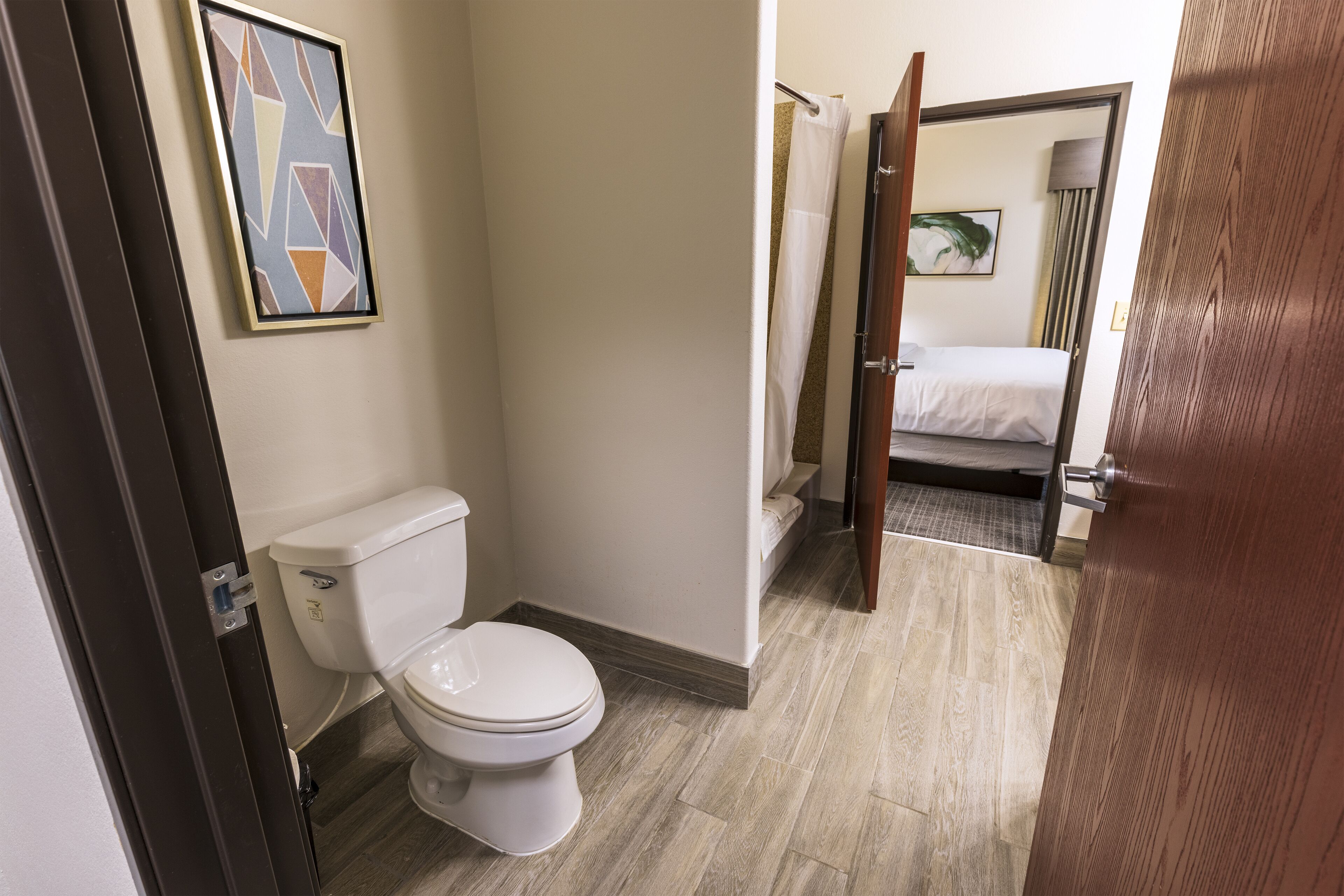 A modern bathroom with a toilet, shower, and a bed in the adjacent room.