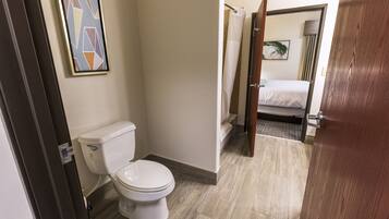 A modern bathroom with a toilet, shower, and a bed in the adjacent room.