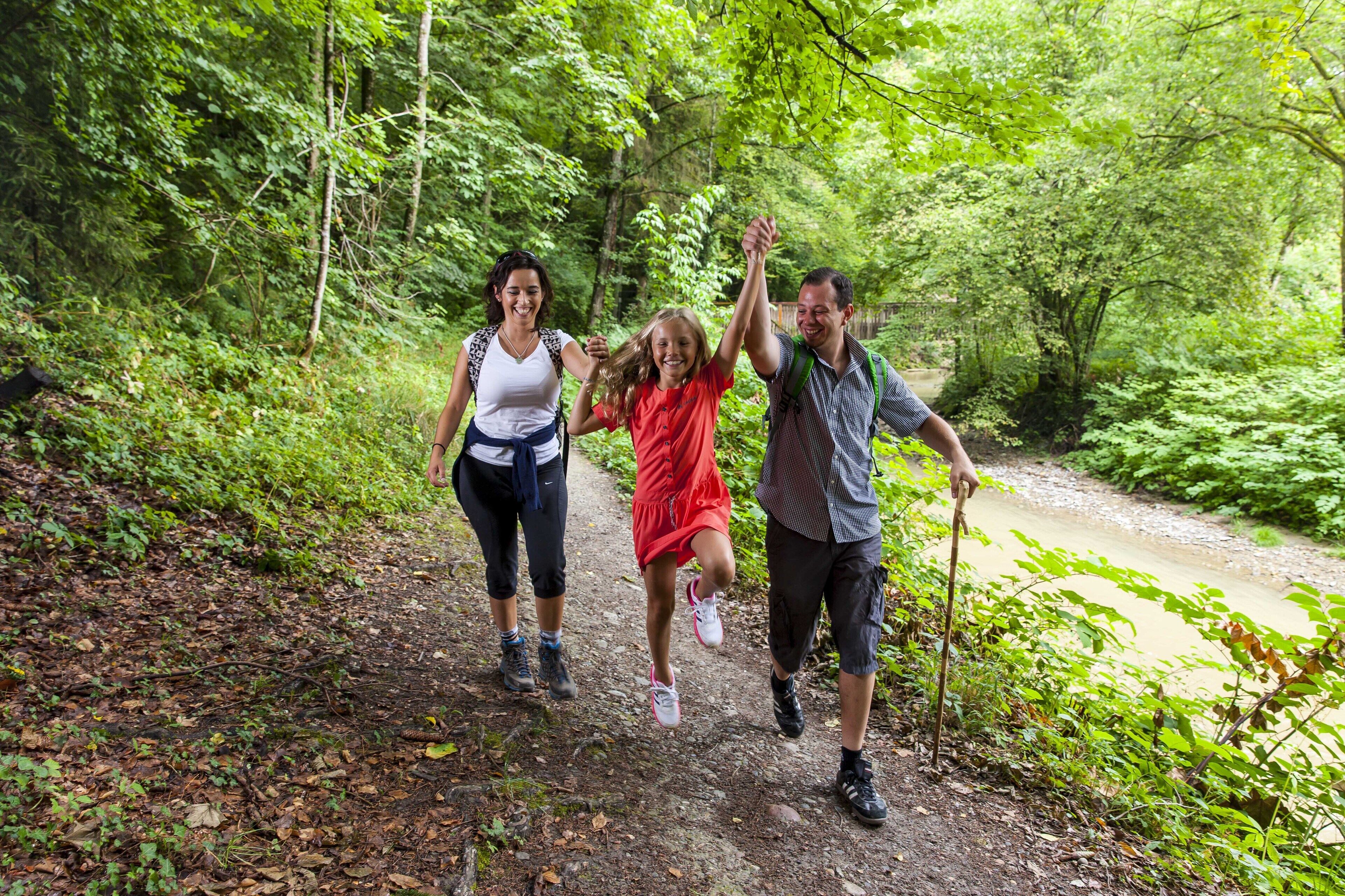 Three people walking on a forest path.
