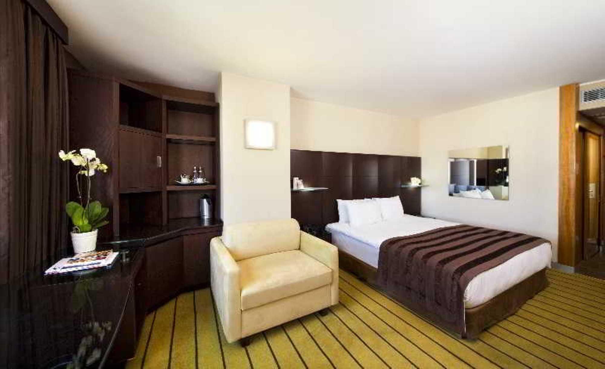 Una habitación de hotel con una cama, una silla, un armario de madera, una mesita con una planta y un espejo en la pared.
