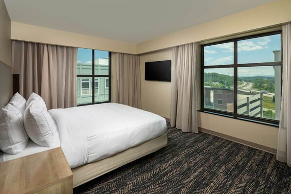 A hotel room with a large bed, a flat-screen TV, and a view of a highway and greenery.