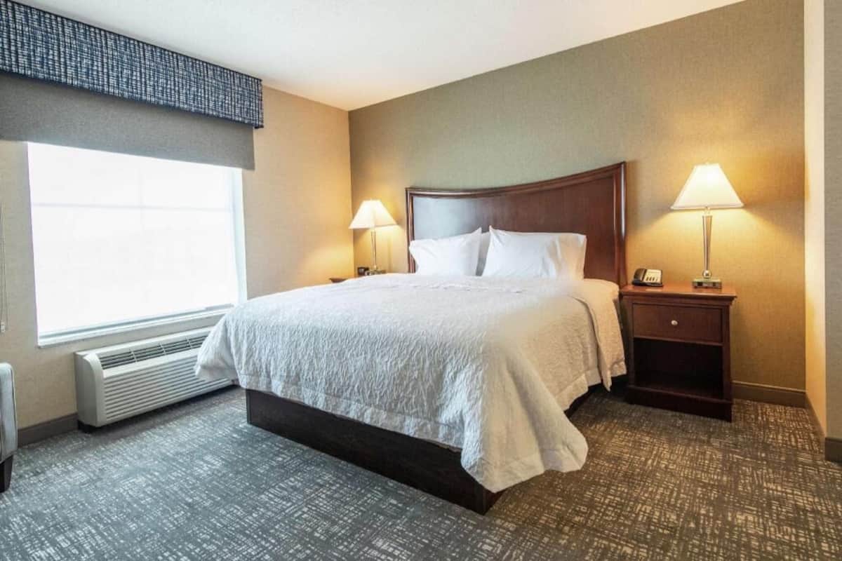 A hotel room with a large bed, two bedside lamps, a nightstand, and a window with a view.
