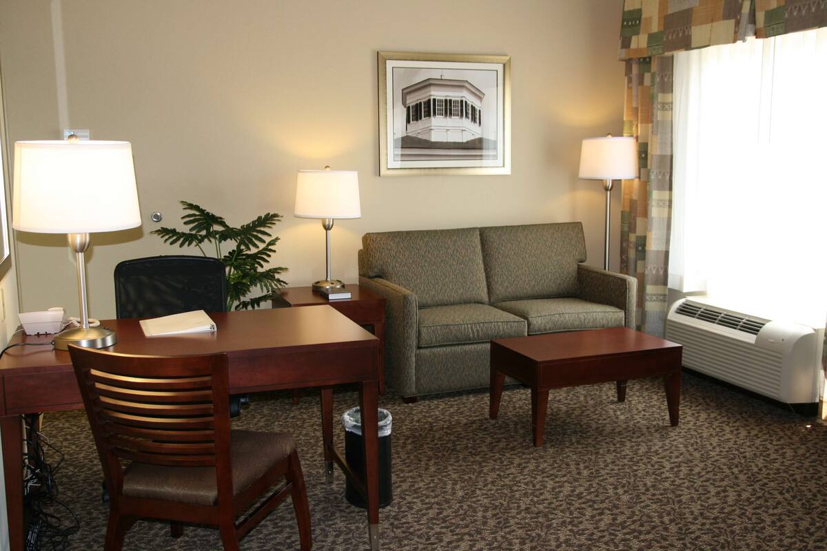 Habitación de hotel con sofá, dos sillones, escritorio con lámpara, una mesita, planta en maceta y un cuadro en la pared.