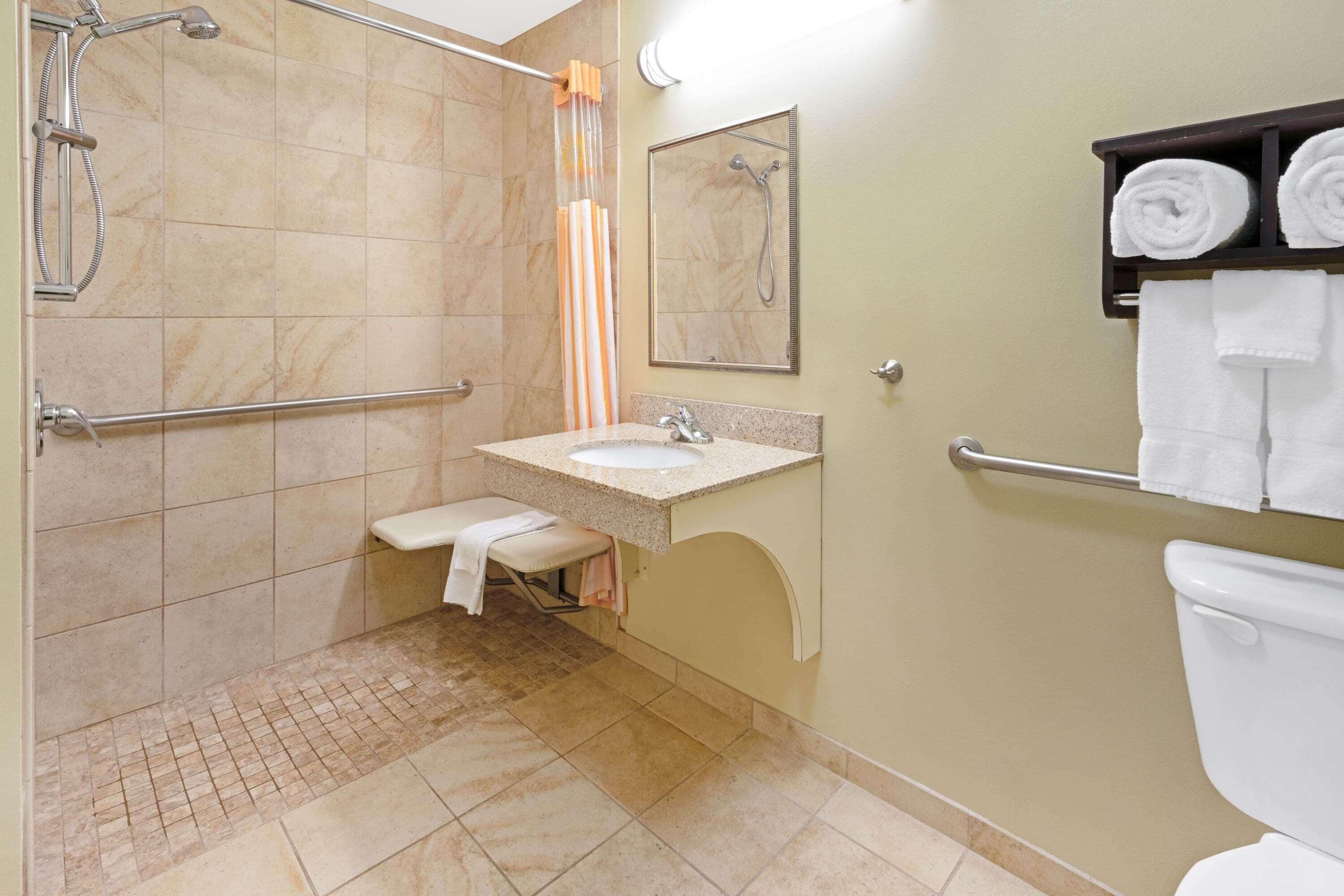 combined shower/bathtub, free toiletries, hair dryer, towels