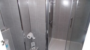 A bathroom with a glass-enclosed shower, a toilet, and a roll of toilet paper on the wall. - Easton Court (Paignton)