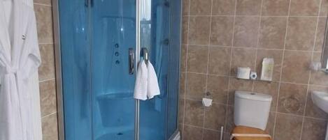 Un bagno con doccia vetrata, un water con sedile in legno e un lavandino.