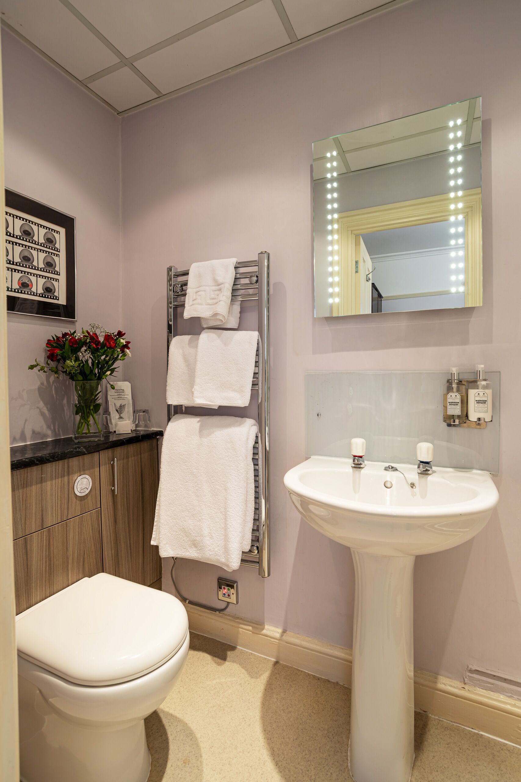 A bathroom with a white toilet, a sink with two faucets, a towel rack with two white towels, a mirror with lights, and a framed picture on the wall.