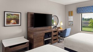 Habitación de hotel con televisión de pantalla plana, escritorio con silla, cama, mesita de noche, espejo y ventana con vistas a zonas verdes.