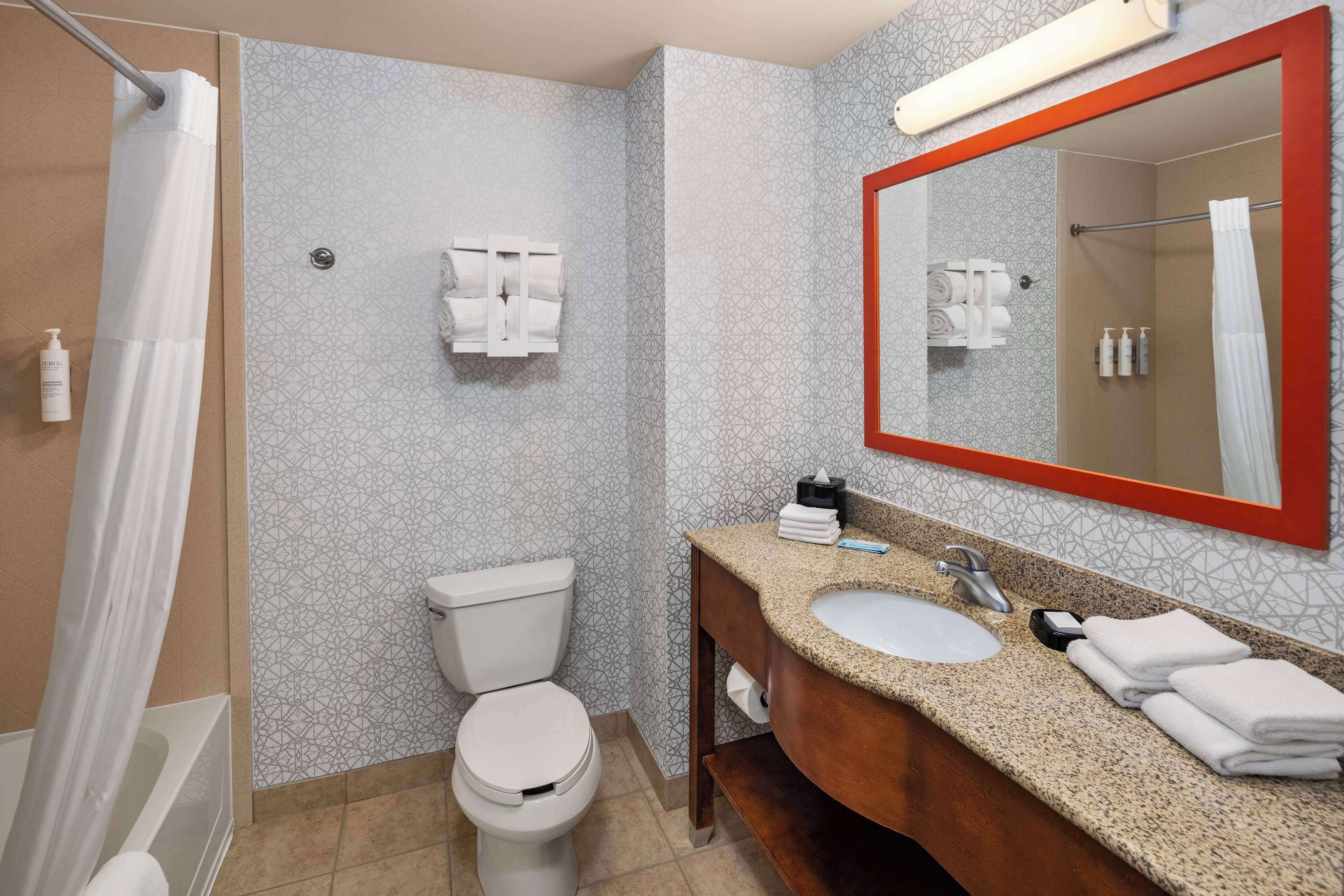 combined shower/bathtub, free toiletries, hair dryer, towels