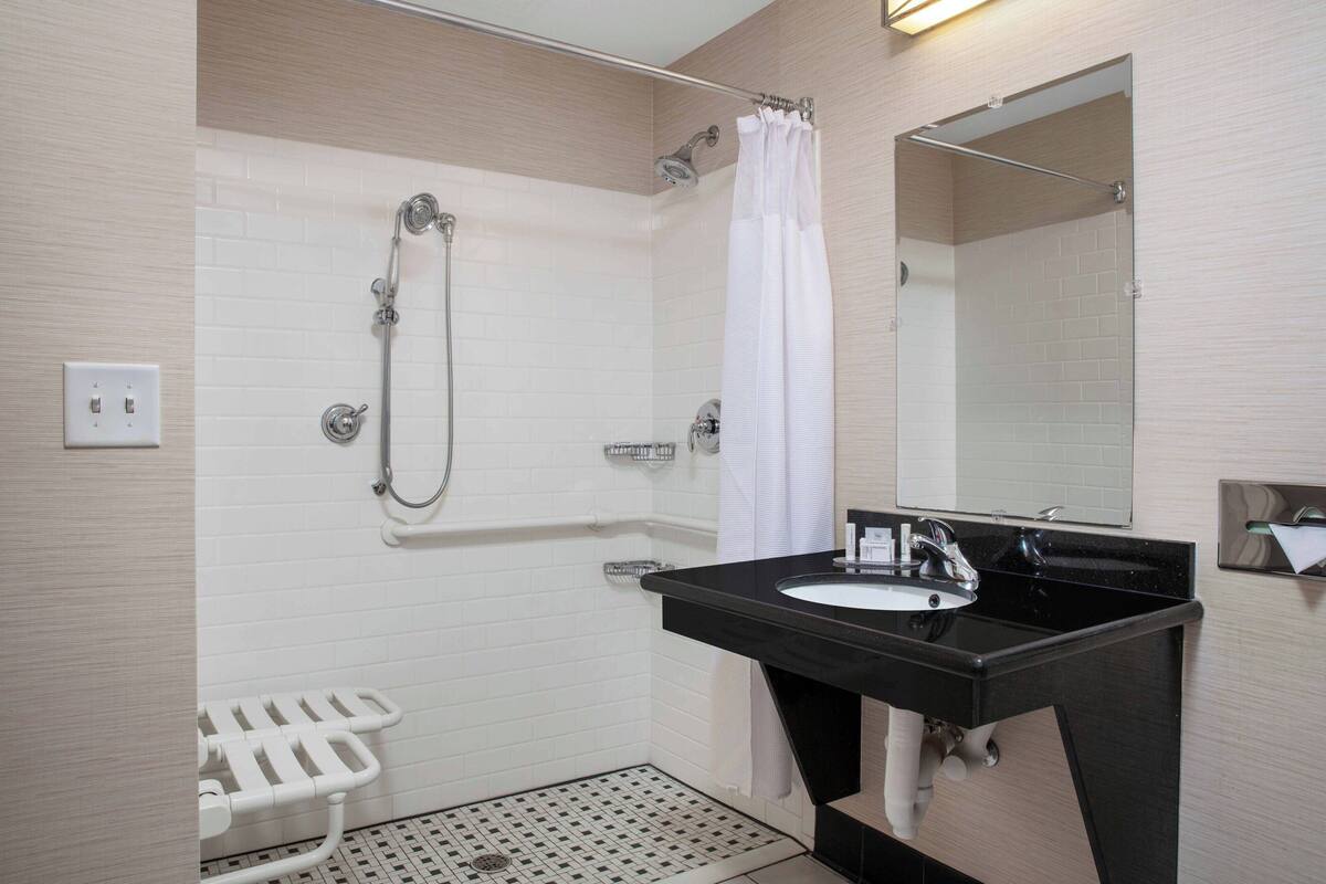 room, 1 king bed (mobility/hearing access, roll-in shwr) | bathroom | free toiletries, hair dryer, towels