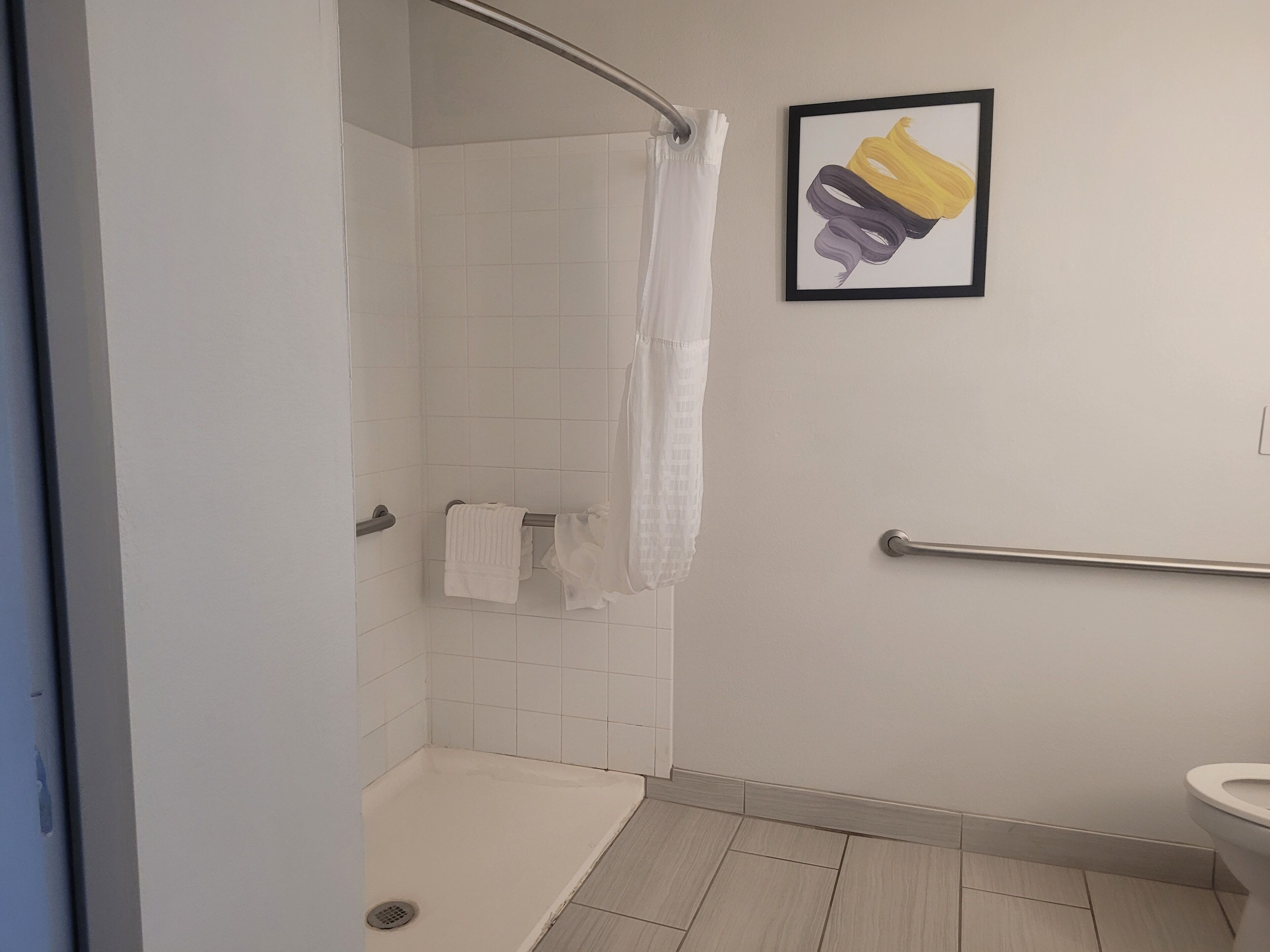 Een badkamer met een douche, toilet en een kunstwerk in een lijst.