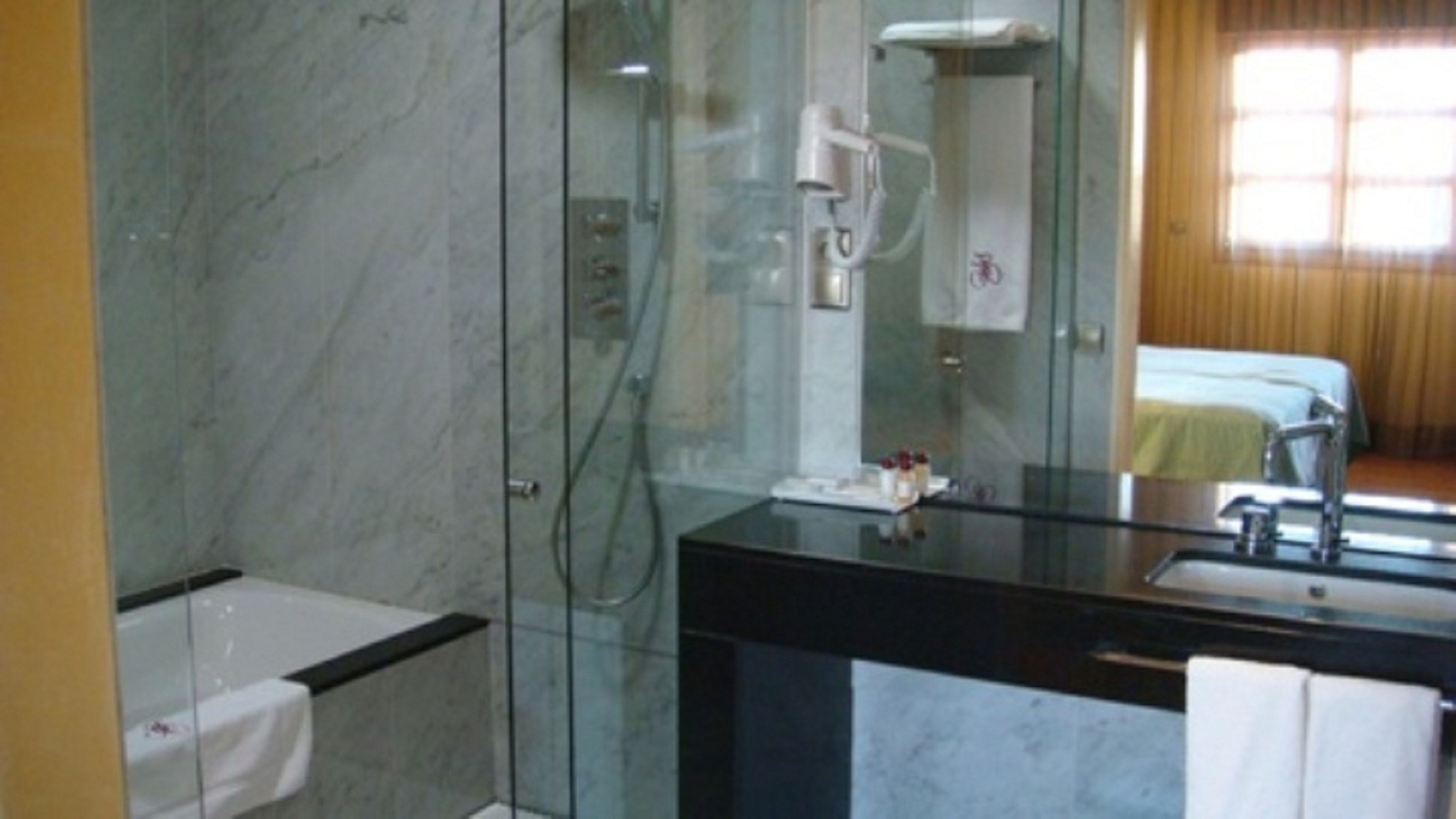 A bathroom with a glass shower enclosure, a black sink, and a mirror.