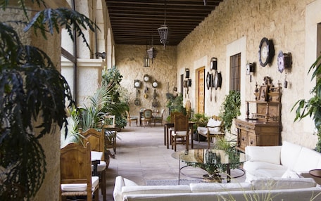 A cozy, rustic interior with wooden furniture, a glass coffee table, and various plants.