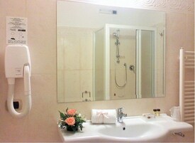 Un baño con un espejo grande, un lavabo, cabezal de ducha manual y dispensador de toallas.