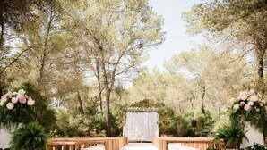 Une allée pour cérémonie de mariage en plein air, agrémentée de bancs en bois et de compositions florales.