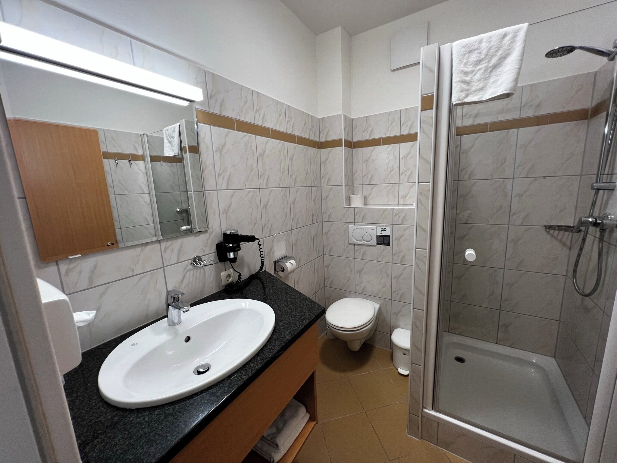 single room | bathroom | shower, free toiletries, hair dryer, towels