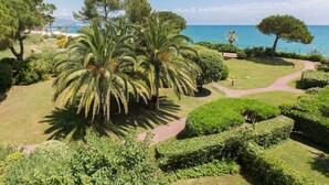 Un jardín ajardinado con palmeras, un camino y vista al mar.