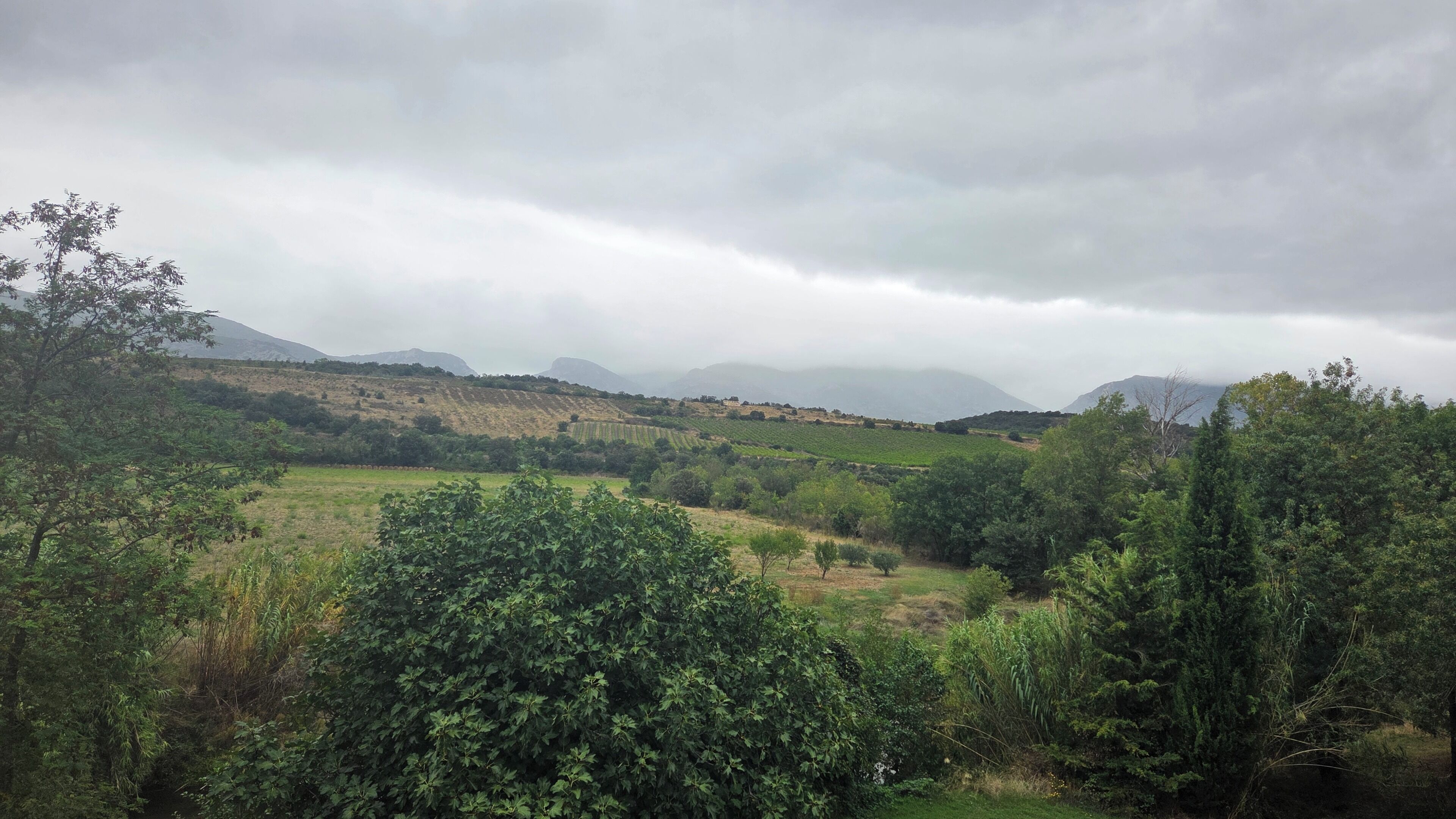 A rural landscape with rolling hills, dense greenery, and distant mountains under a cloudy sky.