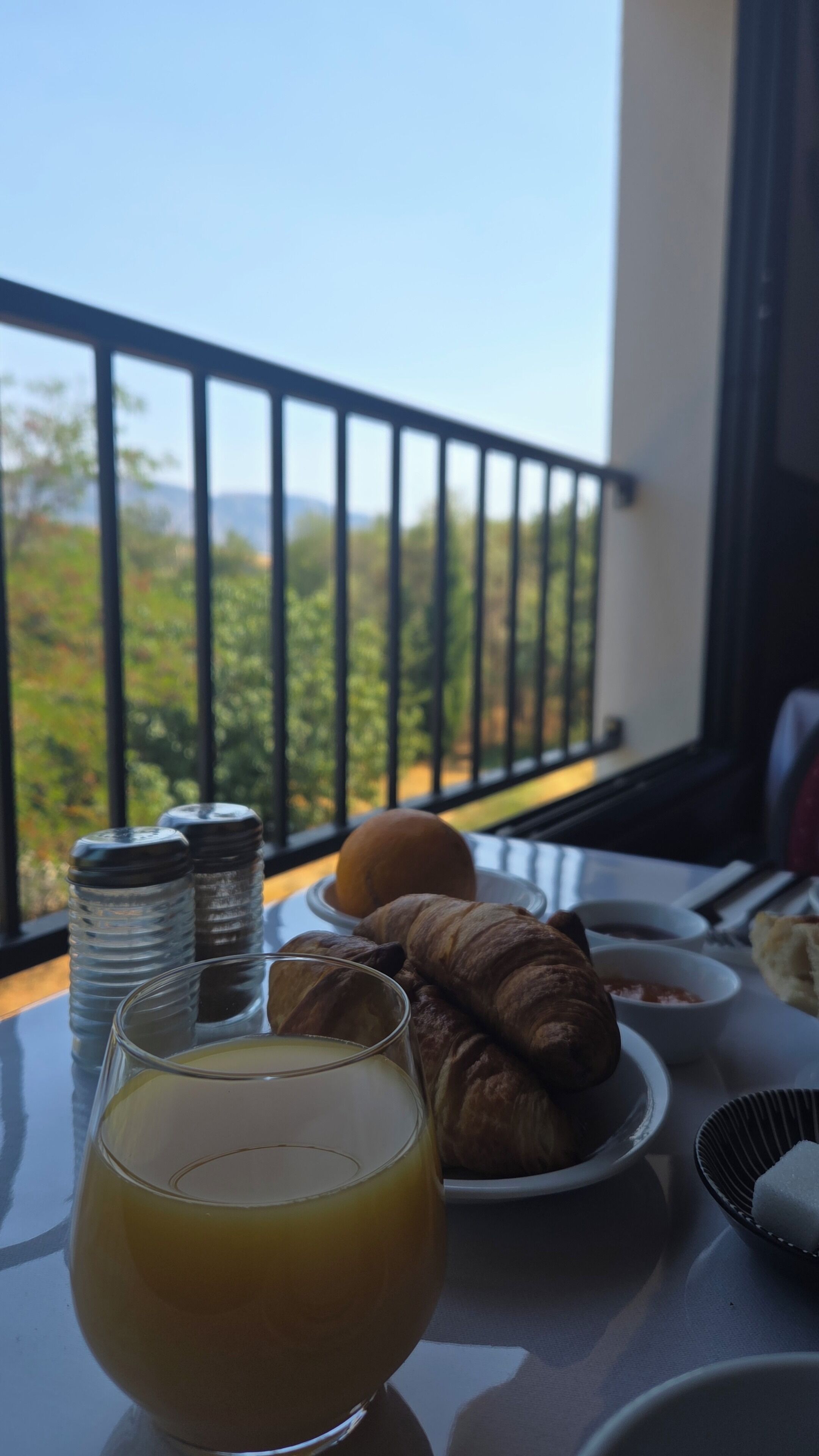A table with croissants, a glass of orange juice, salt and pepper shakers, and a view of greenery and mountains through a balcony railing.