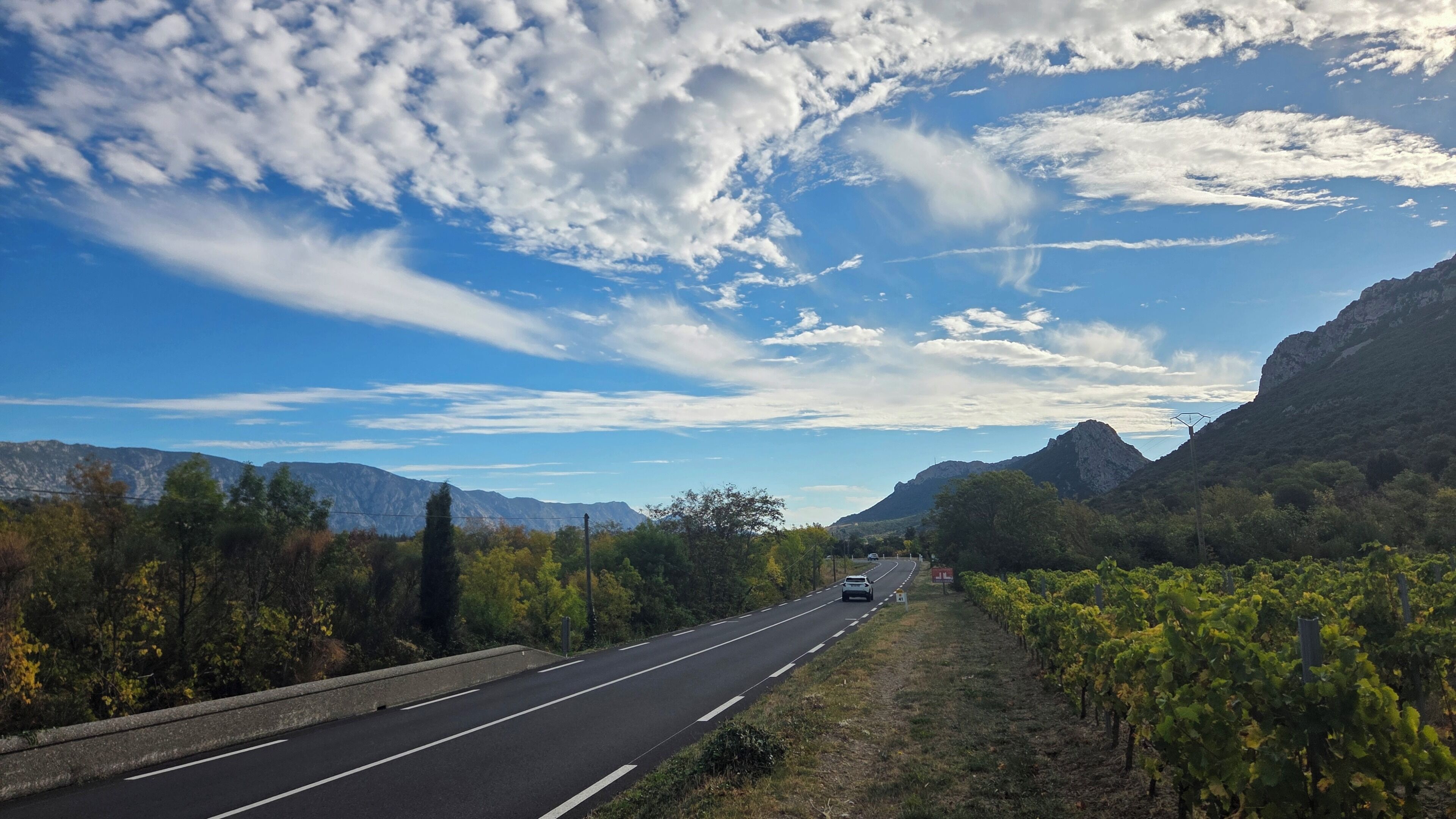 A highway with a mountainous landscape and vineyards on the side.