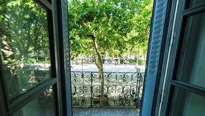 Vista a través de una ventana con barandilla metálica, un árbol y una zona pavimentada.