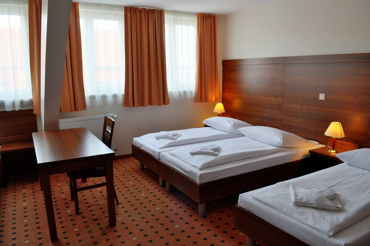 Una habitación de hotel con dos camas, un cabecero de madera, un escritorio y una alfombra estampada.
