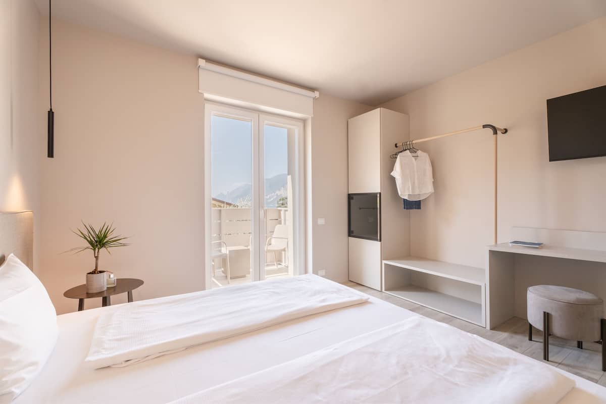 A modern bedroom with a large bed, a small bedside table with a plant, a wardrobe, a mirror, and a view of the outdoors.