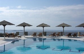 Outdoor pool, pool umbrellas, pool loungers