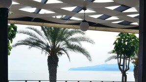 An outdoor dining area with tables and chairs, a palm tree, and a view of the sea.