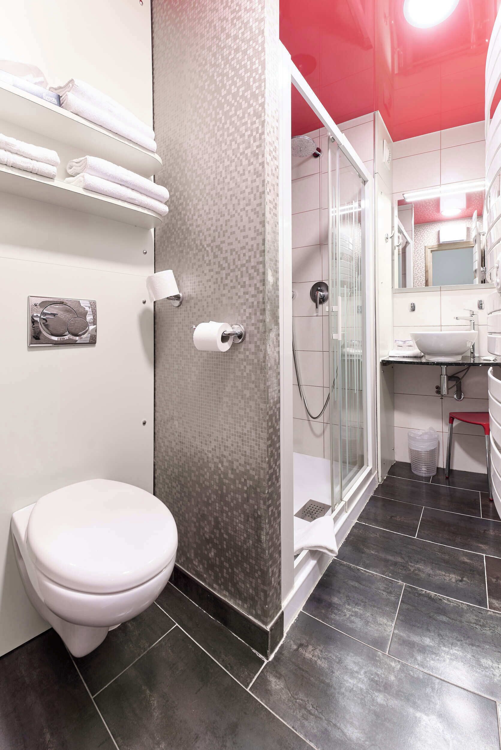 A modern bathroom with a toilet, a glass shower enclosure, a sink, and a mirror.
