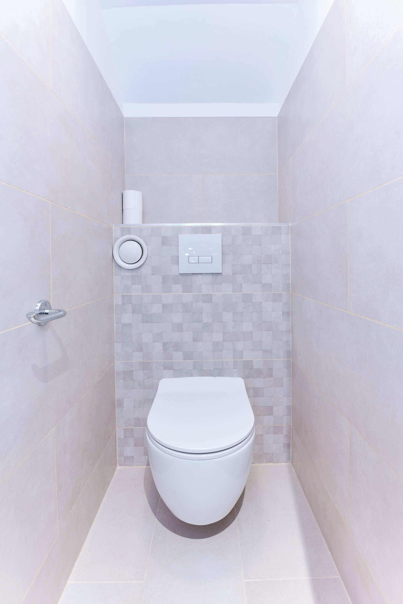 Une salle de bain moderne avec des toilettes blanches, un mécanisme de chasse d'eau fixé au mur et un porte-rouleau de papier toilette.