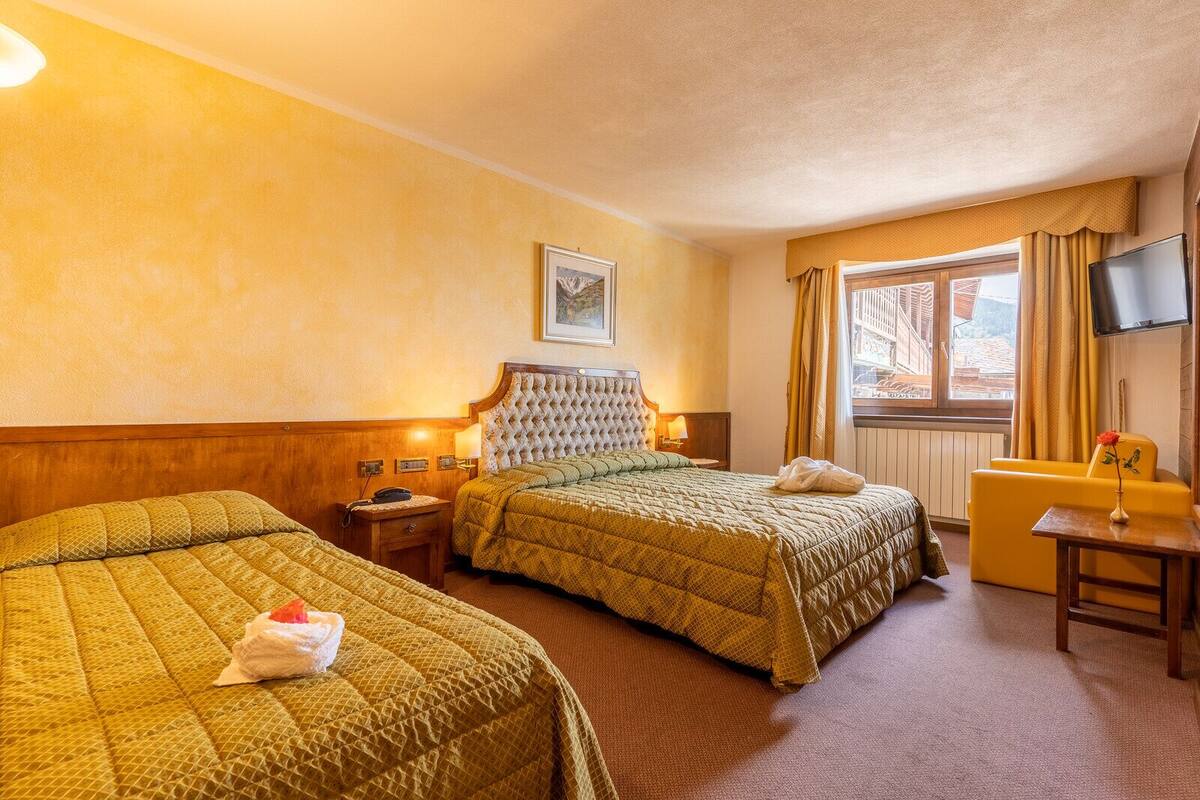 A hotel room with two beds, a television, a window with curtains, and a small table with a vase.