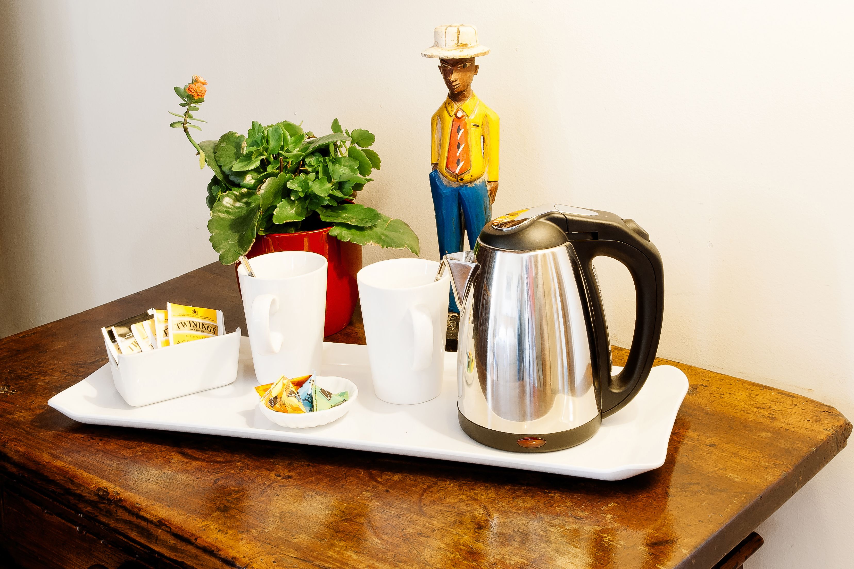 Un plateau contenant une cafetière, une tasse, une assiette avec des sachets de thé, une petite plante en pot et une figurine, le tout posé sur une table en bois.